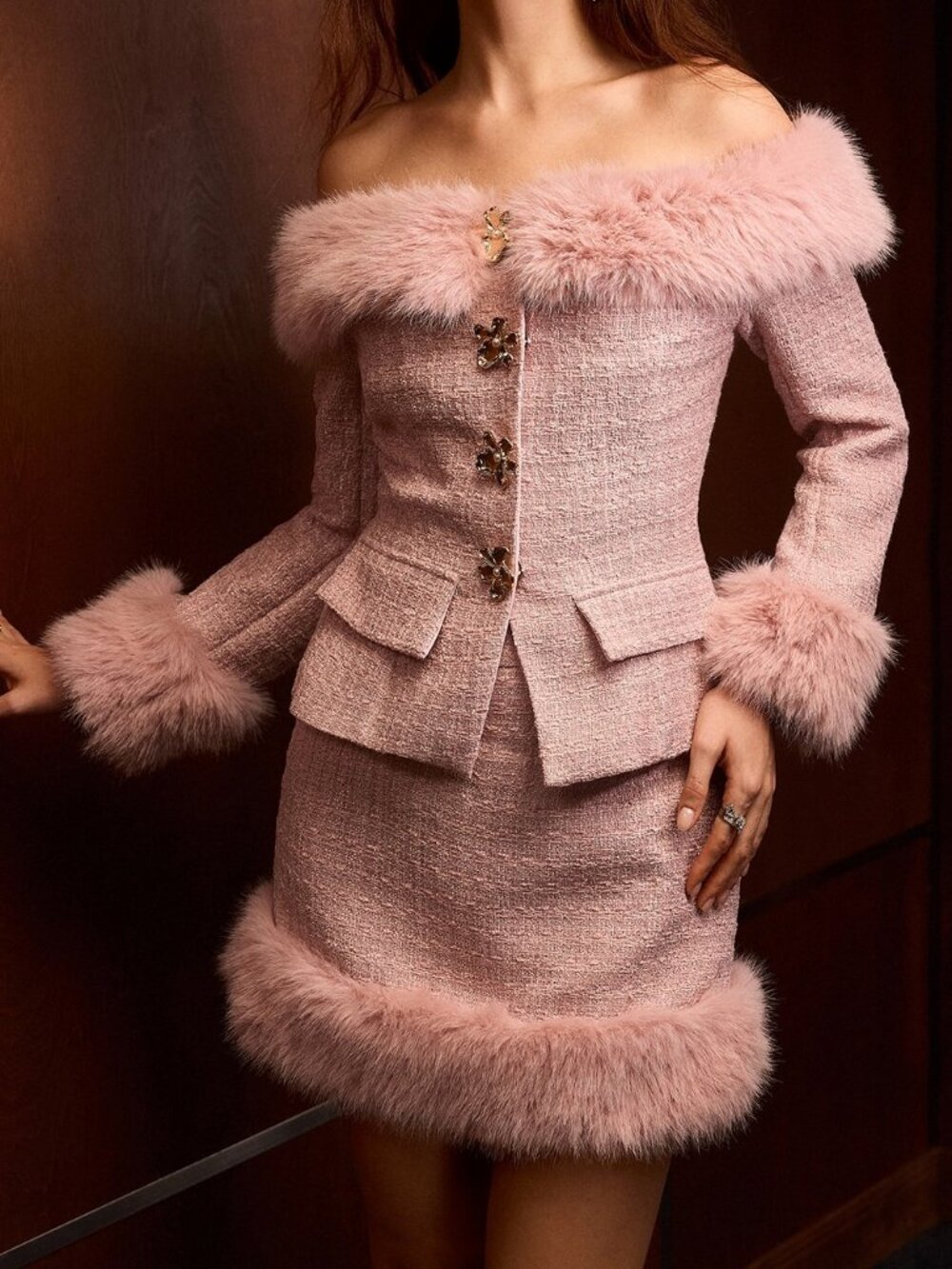 Pink Elegant Women's Faux Fur Off The Shoulder Jacket And Skirt Set - Picture 5 of 7